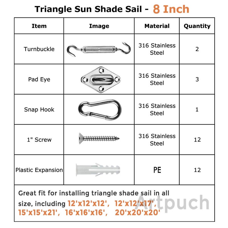 Artpuch Sun Shade Sail Hardware Kit 8 Inch for Triangle Sun Shade Sail Outdoor Installation 304 Stainless Steel - Image 4